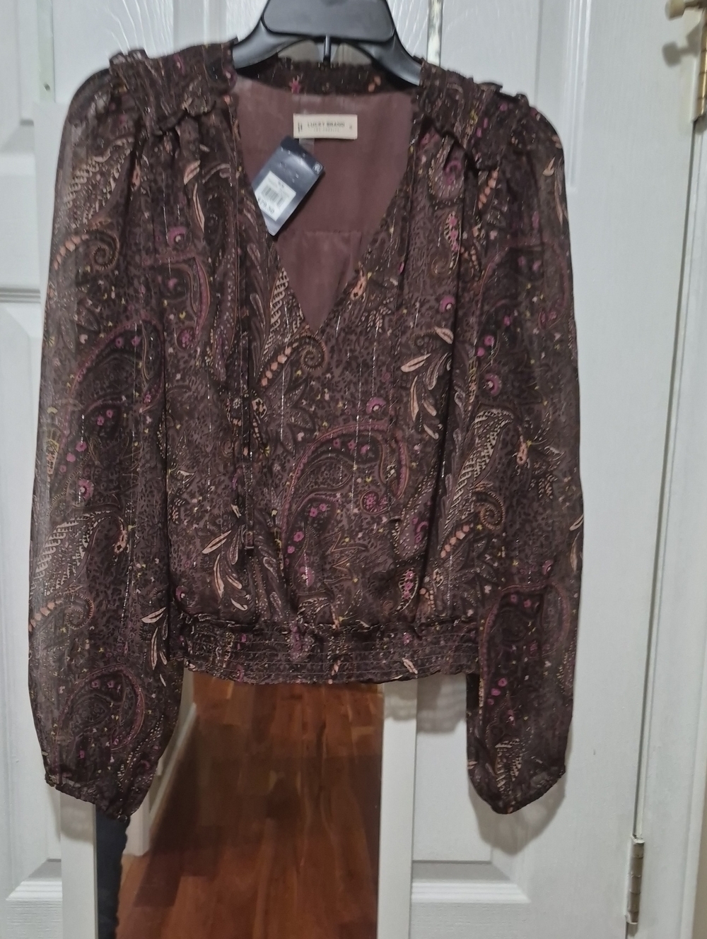 Lucky Brand Brown Paisley V-Neck Blouse W/Pink Accents
